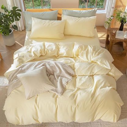 MooMee Bedding Duvet Cover Set 100% Washed Cotton Linen Like Textured Breathable Durable Soft Comfy (Heathered Butter Yellow, King 104"x90")