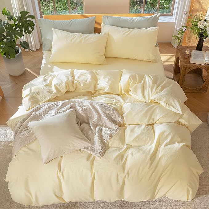 MooMee Bedding Duvet Cover Set 100% Washed Cotton Linen Like Textured Breathable Durable Soft Comfy (Heathered Butter Yellow, Super Queen 90"x98")