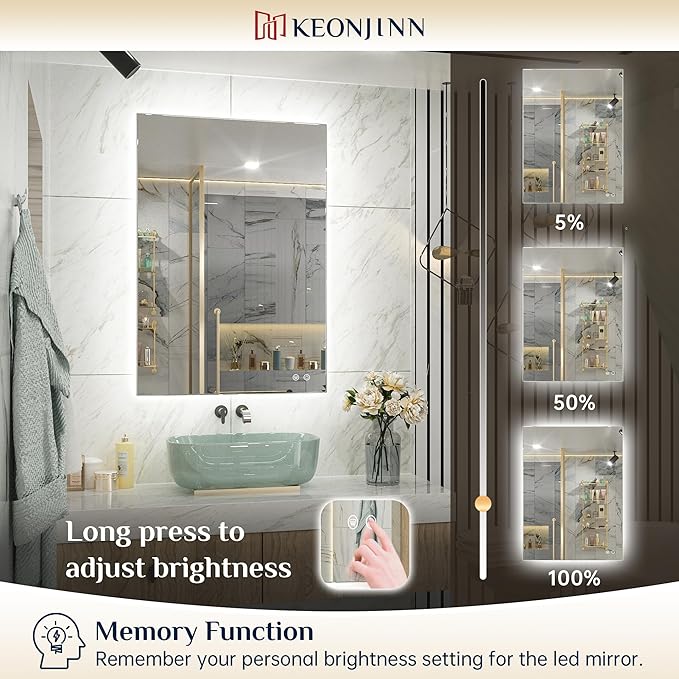 Keonjinn 55 x 30 Inch LED Bathroom Mirror with Backlit, Anti-Fog Vanity Mirror, CRI90+ HD Tempered Glass, Stepless Dimmable, High Lumen, UL Listed, IP44 Waterproof, Horizontal/Vertical