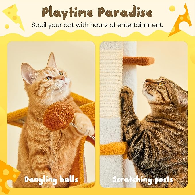 MWPO Cat Tree, 63.8-Inch Cat Tower for Indoor Cats, Multi-Level Cat Condo with 5 Scratching Posts, 2 Perches, Hammock, Dangling Toys, Yellow-Mewly Pet