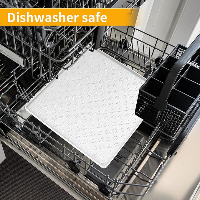 Ptlom Pet Placemat for Dog and Cat, Waterproof Silicone Pet Feeding Bowl Mats for Food and Water, Small Medium Large Dogs Mat Prevent Residues from Spilling to Floor, White, 11.8"x11.8"-Mewly Pet