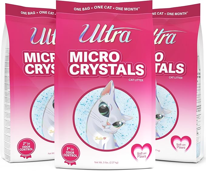 Ultra Micro Crystals Premium Cat Litter - 99.9% Dust Free, Soft on Paws, Fragrance Free - 15 Lbs. Total (3pk of 5 Lbs.)-Mewly Pet
