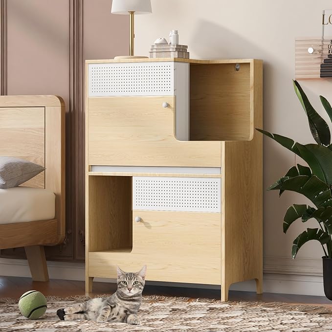 Cat Litter Box Enclosure Furniture Hidden Indoor 2-in-1 Wooden Cat House & Washroom Cabinet with Drawer for 2 Cats, 31.4"x15.7"x44.8"H-Mewly Pet