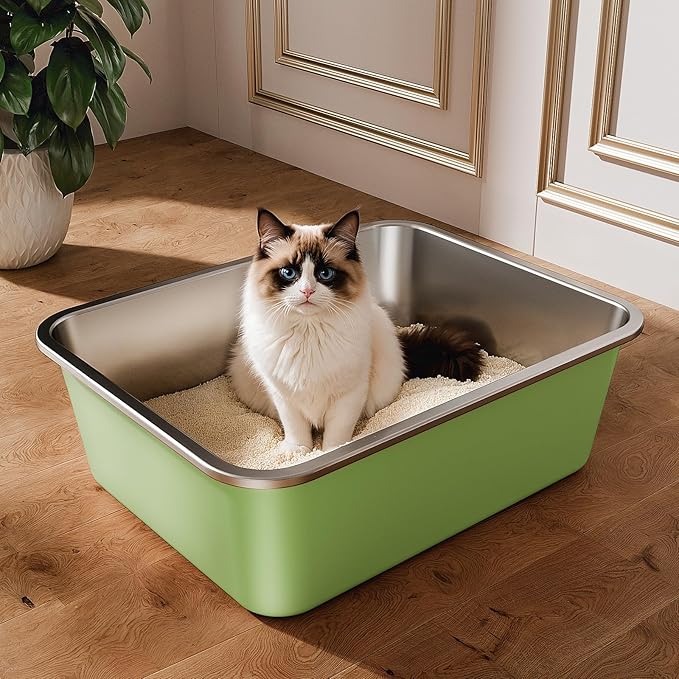Stainless Steel Litter Box, Large Metal Cat Litter Box with High Sided for Big and Small Cats, Non-Stick, Easy to Clean, Odor-Free, 17.5" L×13.6" W×5.9" H, Leaf Green-Mewly Pet