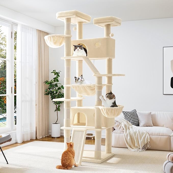 Allewie 81 Inches Tall Cat Tree/Multi-Level Large Climbing Tree House and Towers for Big Feline/Condo and Hammock/Scratching Post/Wide Base/Beige-Mewly Pet