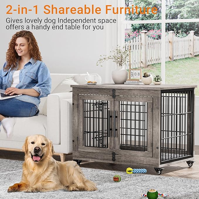 Lulive Dog Crate Furniture Set of 2, Dog Kennel Indoor Double Doors Wooden Dog Cage, 32'' Heavy Duty Dog Crate with Cushion & Wheels, End Table Pet House Chew-Resistant Up to 45 lb, Grey-Mewly Pet