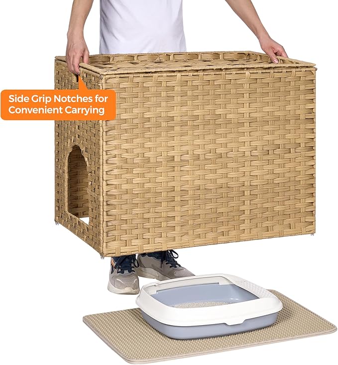 Cat Litter Box Enclosure with Litter Trapping Mat; Handwoven Plastic Rattan Cat House; No Installation Hidden Cat Washroom; Pet Crate for Balcony,Bedroom,Living Room-Mewly Pet