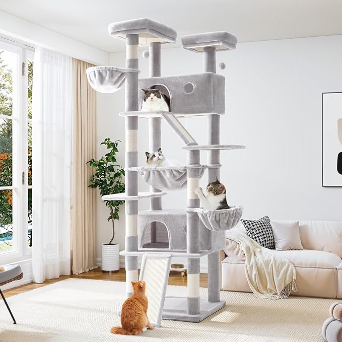 Allewie 81 Inches Tall Cat Tree/Multi-Level Large Climbing Tree House and Towers for Big Feline/Condo and Hammock/Scratching Post/Wide Base/Grey-Mewly Pet