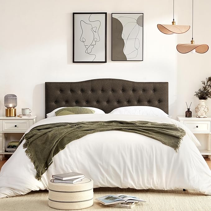 Tufted Upholstered Headboard Queen Size, Sturdy and Durable Solid Wood Bed headboard, Fabric Headboard Adjustable Height from 37” to 51”, Button Diamond Design Head Board, Chocolate