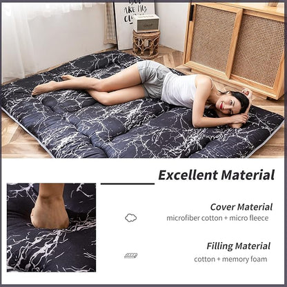 MAXYOYO Black Marble Printed Japanese Futon Floor Mattress, Thicken Sleeping Pad Floor Bed Roll Up Camping Mattress Folding Couch Bed Mattress Topper Guest Floor Mattress King