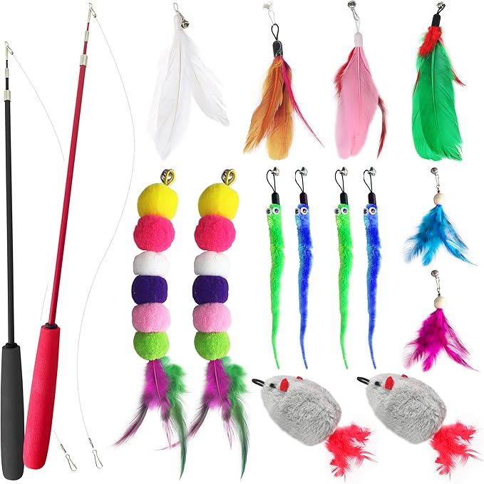 Retractable cat wand toys, 14PCS teaser refills-feather & worm refills and chirping mouse toy, interactive cat teaser toys for indoor cats, fishing pole games for bored indoor kitten exercise & play-Mewly Pet