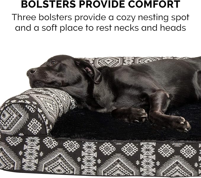 Furhaven Orthopedic Dog Bed for Large/Medium Dogs w/ Removable Bolsters & Washable Cover, For Dogs Up to 55 lbs - Plush & Southwest Kilim Woven Decor Sofa - Black Medallion, Large-Mewly Pet
