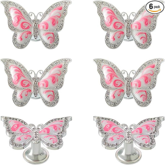 Butterfly Cabinet Knobs,6 Pieces Butterfly Knobs Single Hole Pulls Handles Decorative Door Cabinet Drawer Cupboard Furniture Door Wardrobe (Pink)