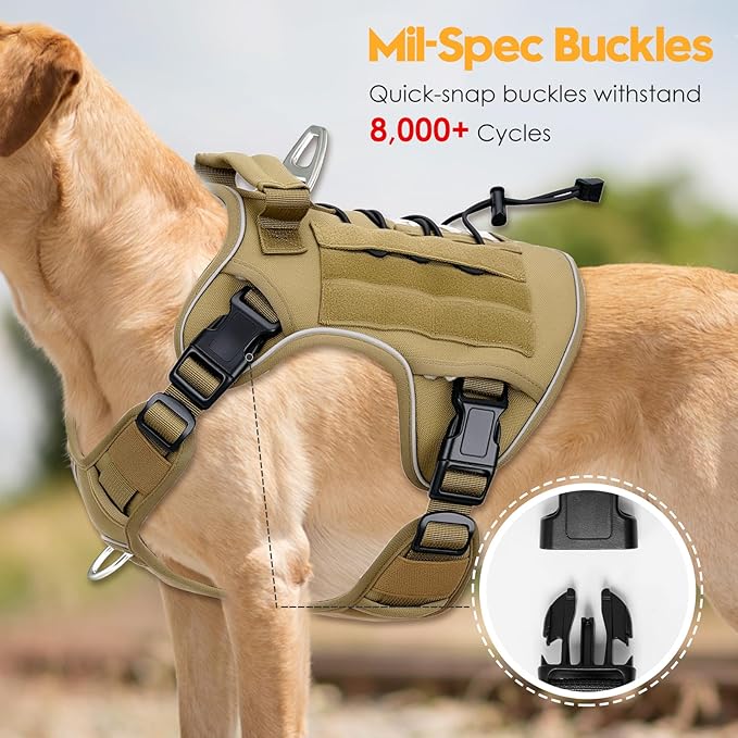 Heavy-Duty Tactical Dog Harness for Large Dogs, No Pull Adjustable Reflective Pet Vest with Molle System, K9 Military-Grade Control for Service Training, Outdoor & 10+ Breeds, Khaki, X-Large-Mewly Pet
