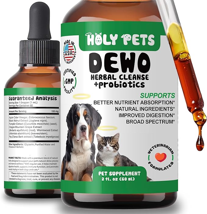 Herbal Gut Cleanse & Natural Parasite Support for Dogs & Cats with Probiotics – Promotes Digestive Health, Detox, and Wellness – Liquid Supplement for Pets – Made in The USA-Mewly Pet