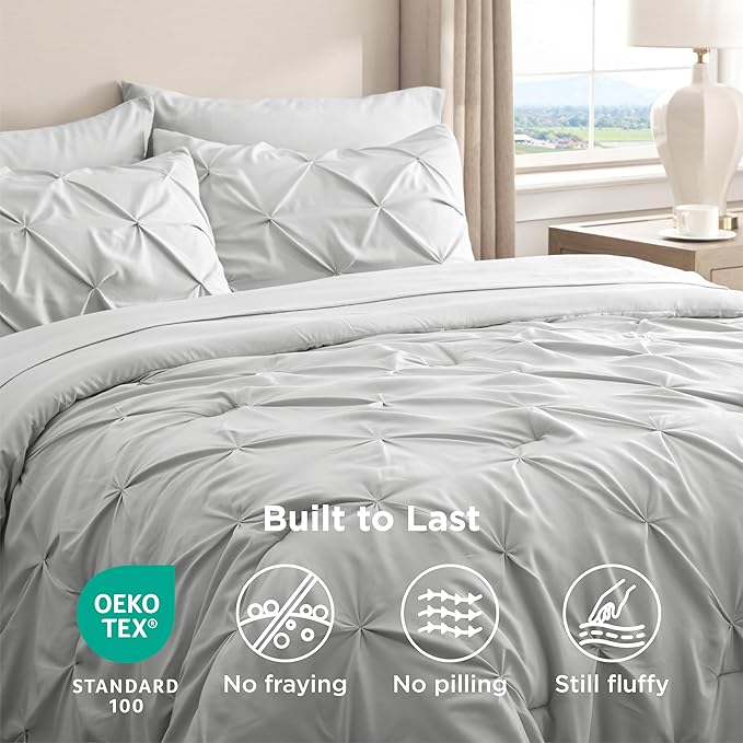 Bedsure California King Comforter Set - Bed in a Bag Cal King Bedding Set 7 PCS, GentleSoft™ Pintuck Bed Set Gift for Family, Pinch Pleat Light Grey Comforter with Sheets, Pillowcases & Shams