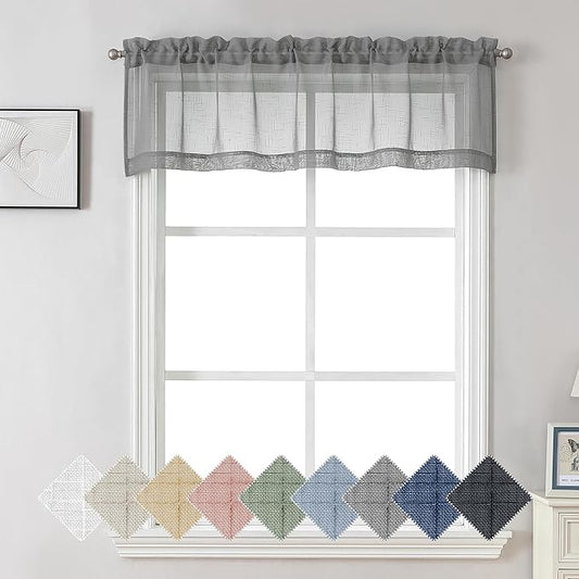 Aiyufeng Kirei Faux Linen Kitchen Sheer Valance 14 Inch Length, Soft Airy Slub Textured Short Curtain for Small Windows Farmhouse Bathroom Bedroom Basement, 60X14 Inch, 1 Piece, Silver Grey