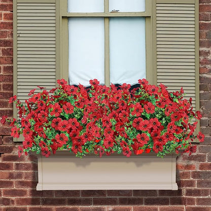 Ouddy Decor 24 Bundles Artificial Flowers for Outdoors Fake Silk Flowers UV Resistant Faux Plastic Plants for Spring Summer Garden Porch Window Box Table Vase Home Indoor Outdoor Decoration, Red