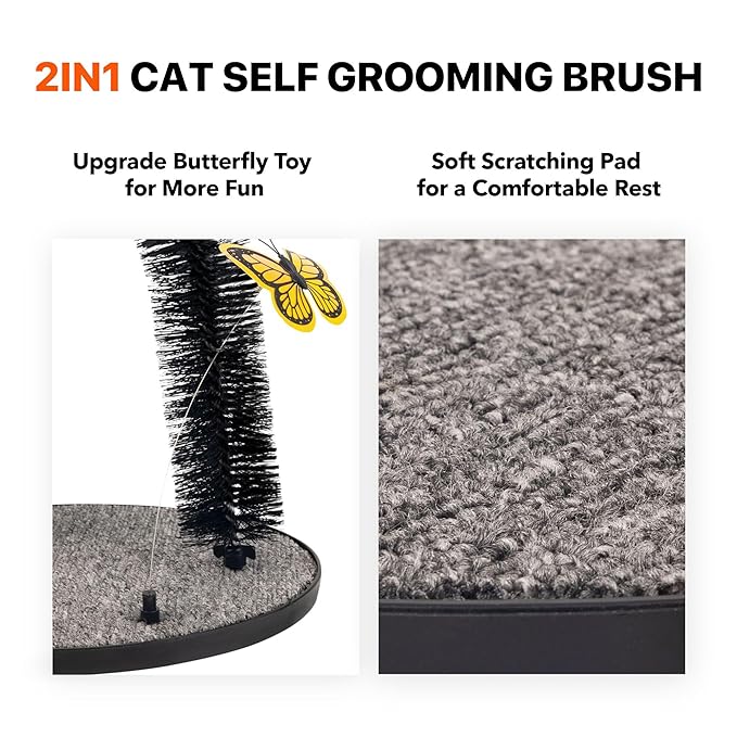 Pet Prime 2in1 Cat Arch Self Groomer for Indoor Cats, Back Scratcher Grooming Massage Brush With Sturdy Scratching Pad, Durable Brusher and Butterfly Toy-Mewly Pet