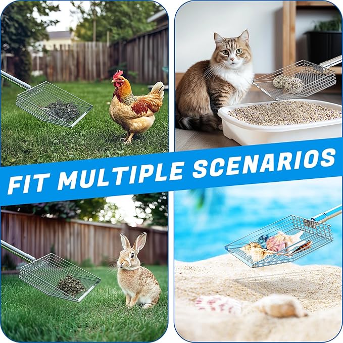 Chicken Poop Scooper, 304 Stainless Steel Shovel Head, 4-in-1 Chicken Litter Scoop with Handle for Chicken Coop & Pet Waste Cleaning, Multifunctional Litter Sifting Shovel(20 to 49")-Mewly Pet