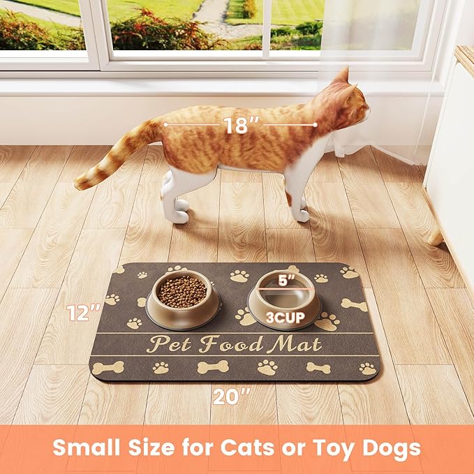 Pet Feeding Mat-Absorbent Pet Placemat for Food and Water Bowl, with Waterproof Rubber Backing, Quick Dry Water Dispenser Mat for Dog and Cat (17"x27", Brown)-Mewly Pet