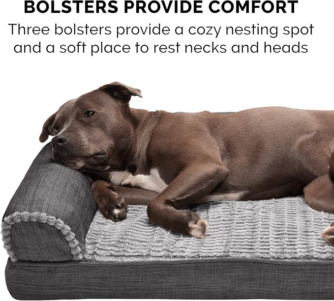 Furhaven Orthopedic Dog Bed for Medium/Small Dogs w/ Removable Bolsters & Washable Cover, For Dogs Up to 35 lbs - Luxe Faux Fur & Performance Linen Sofa - Charcoal, Medium-Mewly Pet