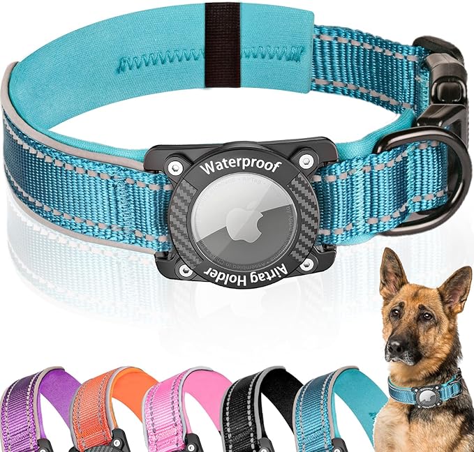 Upgraded AirTag Dog Collar, IP68 Waterproof Dog Collar with Apple Air Tag Holder, Reflective Adjustable Heavy Duty Dog Collars with Soft Padded for Small, Medium and Large Dogs,Blue, L-Mewly Pet