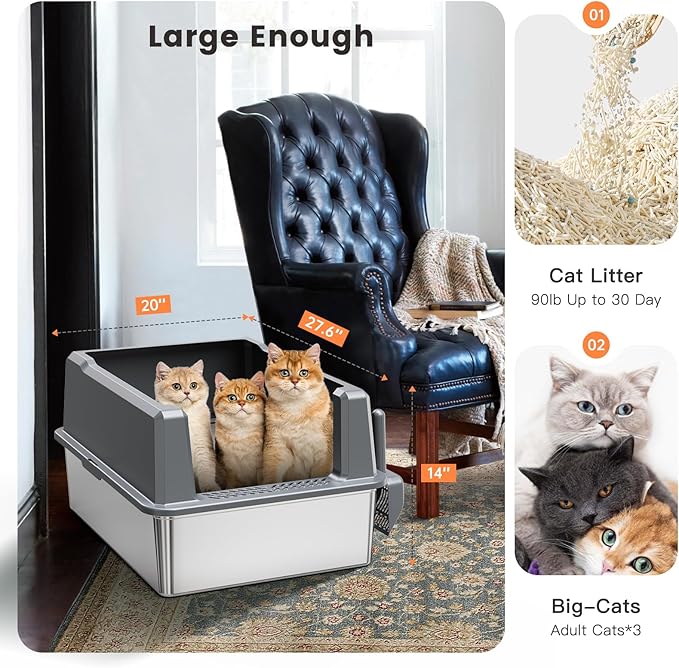 XXL Stainless Steel Cat Litter Box with High Sided, 27.6" L x 20" W x 14" H Extra Large Litter Box for Big Cats and Multiple Cats, Enclosure Cat Litter Pan with Anti-Urine Leakage, Easy Clean-Mewly Pet