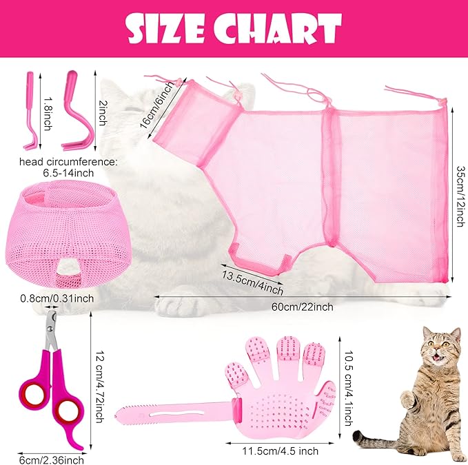 Patelai 5 Pcs Cat Bathing Bag Set Cat Grooming Bag Adjustable Pet Shower Net Muzzles Nail Clipper Tick Remover Tool Massage Brush(Pink)-Mewly Pet