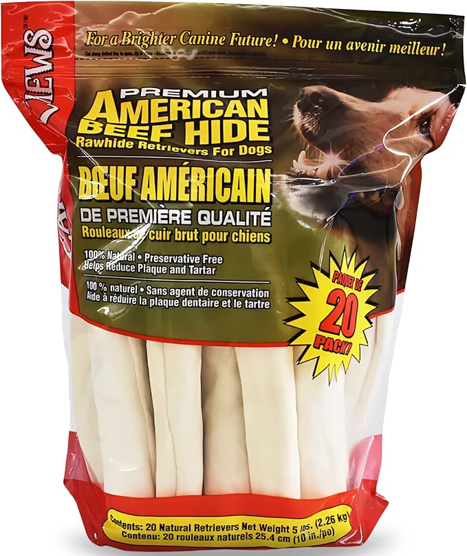 Canine Chews 10-11" Rawhide Bones for Large Dogs, Durable USA Beefhide Dog Rawhide Chews, Retriever Rolls 20 Pack (5 lbs)-Mewly Pet
