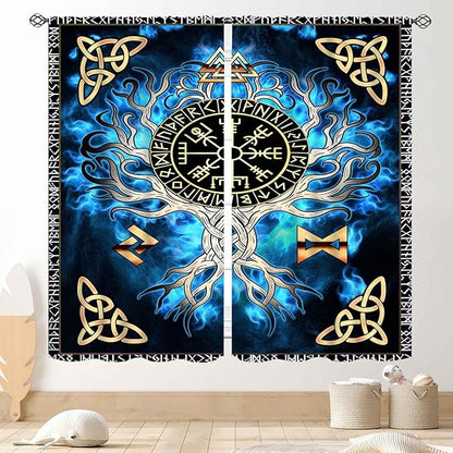 Tree of Life Curtains, Vikings Celtic Nordic Life Tree Scandinavian Aesthetic Mythology Blue Window Drapery Treatments for Bedroom Living Room Bathroom 2 Panels, 84"x84" Inch