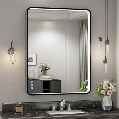 28x36 Inch LED Bathroom Mirror with Lights, Black Metal Framed LED Mirror for Bathroom, 3 Colors and Stepless Dimmable Wall Mounted Lighted Bathroom Vanity Mirror, Anti-Fog, Memory