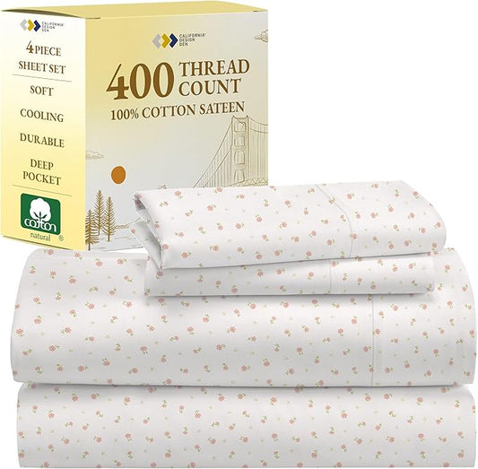 California Design Den Queen Sheet Set - 400 Thread Count Sateen, Natural 100% Cotton Sheets, Deep Pocket Cooling and Durable Bedding - Soft Floral