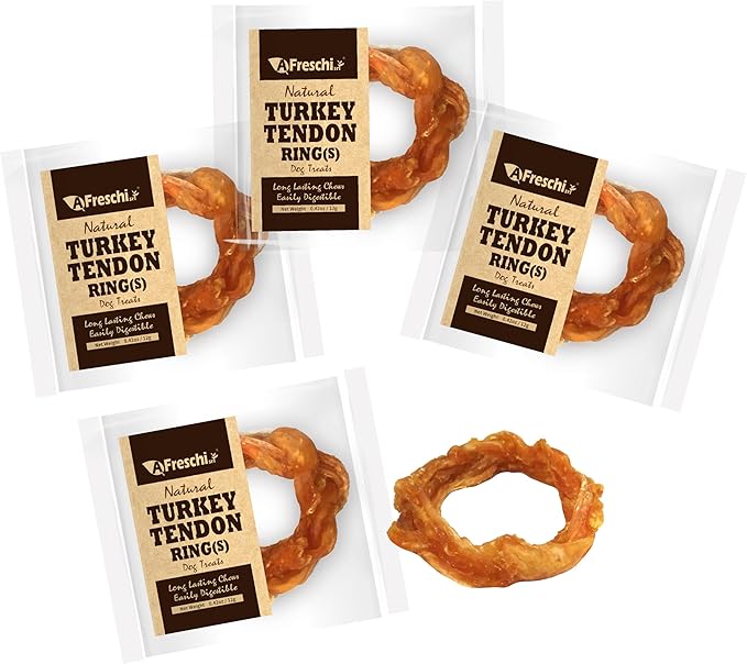 Afreschi Turkey Tendon for Dogs, Dog Treats for Signature Series, All Natural Human Grade Puppy Chew, Ingredient Sourced from USA, Hypoallergenic, Rawhide alternative, 4 Units/Pack Ring (Small)-Mewly Pet