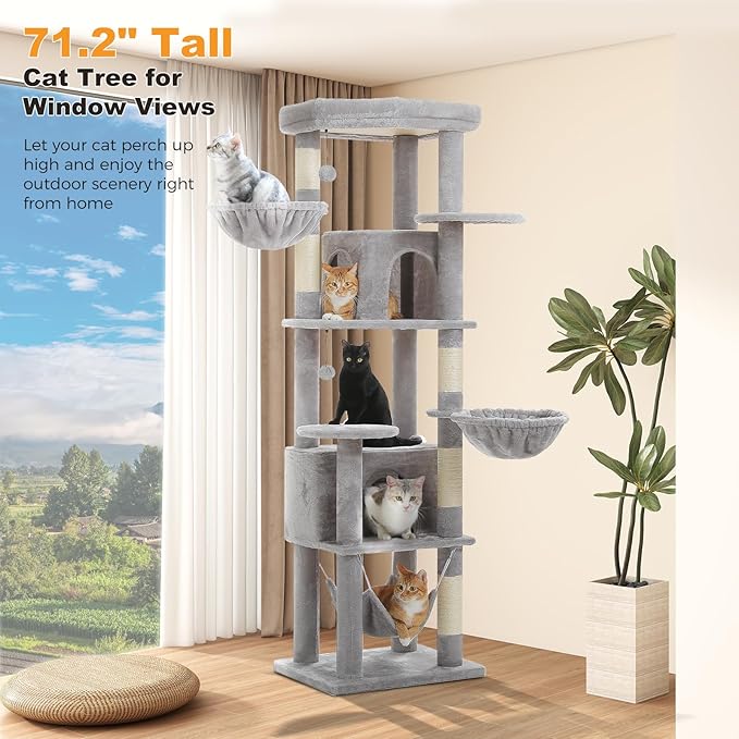 71.2" Tall Cat Tree for Indoor Cats - 9-Level Multi-Cat Tower w/5 Sisal Scratching Posts, 2 Condos, 3 Hammocks, Perch & Pom Poms - Heavy-Duty for Adult Cats, Space-Saving Plush Gray-Mewly Pet