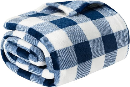 PAVILIA Buffalo Check Fleece Throw Blanket | Blue White Checkered Plaid Flannel Blanket | Soft Velvet Lightweight Microfiber Blanket for Bed Couch Sofa | 60x80 Inches Checker Navy
