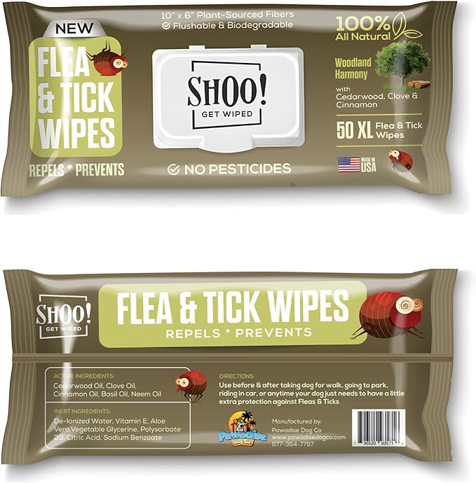 Shoo! Flea & Tick Wipes for Dogs | Convenient, Easy On-The-Go Protection | Plant Based, Natural Oils, Chemical Free | Repels & Prevents | 50 XL Wipes | (Woodland Harmony)-Mewly Pet