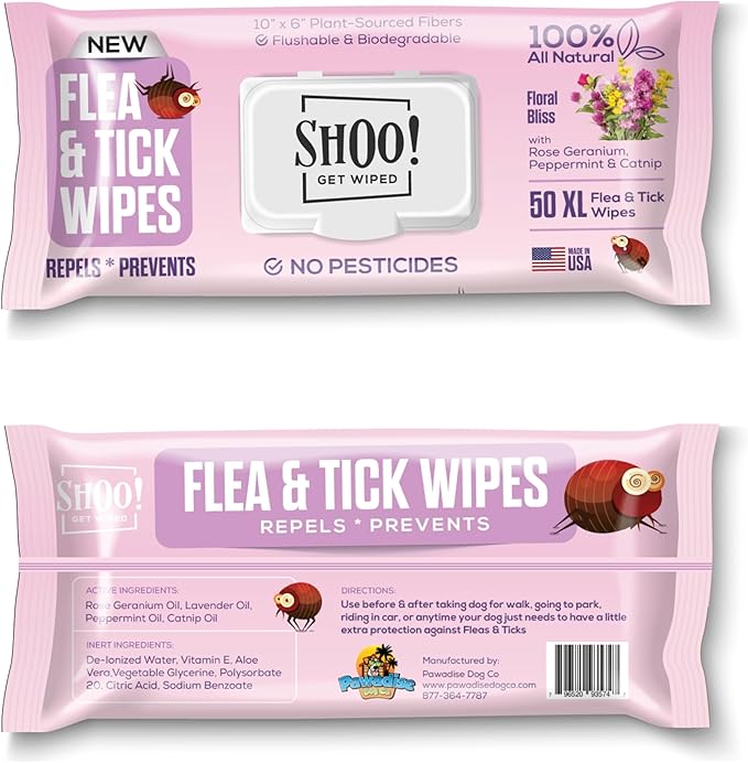 Shoo! Flea & Tick Wipes for Dogs | Convenient, Easy On-The-Go Protection | Plant Based, Natural Oils, Chemical Free | Repels & Prevents | 50 XL Wipes | (Floral Bliss)-Mewly Pet