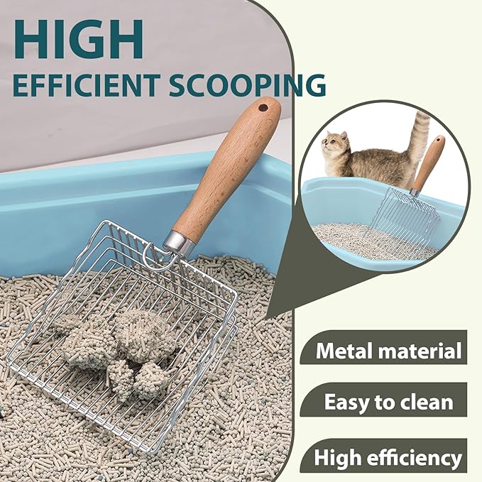 Cat Litter Scoop, Kitty Metal Scooper with Hook and Hole, Stainless Steel Kitten Poop Lifter for Litter Box, Non Stick, Durable and Heavy Duty Sifter for Easy Clean-Mewly Pet