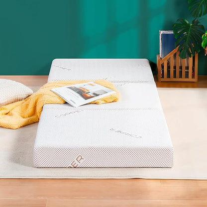 Olee Sleep Tri-Folding Antibacterial Memory Foam Mattress Topper, 4 Inch Copper Bamboo Gel Folding Mattress, Washable Cover, CertiPUR-US Certified, Soft, White, Single Size