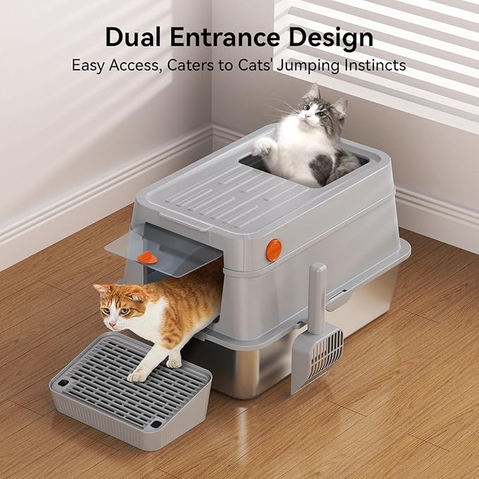 XL Stainless Steel Cat Litter Box with Easy-Open Lid, AOTRUTII Enclosed Metal Litter Box for Big Cats, Front Entry & Top Exit, High Sided, Anti-Leak, Non-Stick, Easy to Clean, Includes Scoop-Mewly Pet