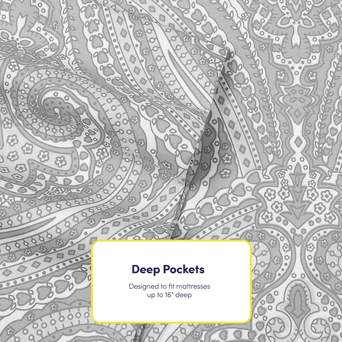 Full Size Bed Sheets - 6 Piece 1500 Supreme Collection Fine Brushed Microfiber Deep Pocket Full Sheet Set Bedding - 2 Extra Pillow Cases, Great Value, Full, Paisley Gray