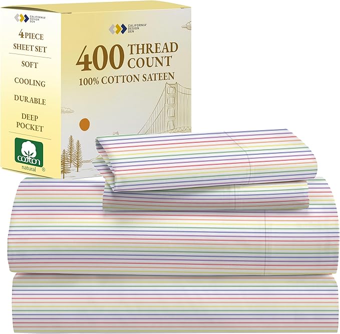 California Design Den Rainbow Striped King Size Sheets Set - Luxury 400 Thread Count Sateen, Natural 100% Cotton Sheets, Deep Pockets, Cooling and Durable Bedding Set - Rainbow Striped
