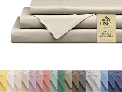 Linen Home 100% Cotton Percale Sheets King Size, Light Taupe, Deep Pocket, 4 Pieces Set - 1 Flat, 1 Deep Pocket Fitted Sheet and 2 Pillowcases, Crisp Cool and Strong Bed Linen
