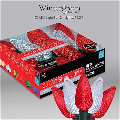 Wintergreen Lighting 24 C9 Red and White LED Christmas Lights, 16.3 ft – Candy Cane Indoor/Outdoor C9 String Lights