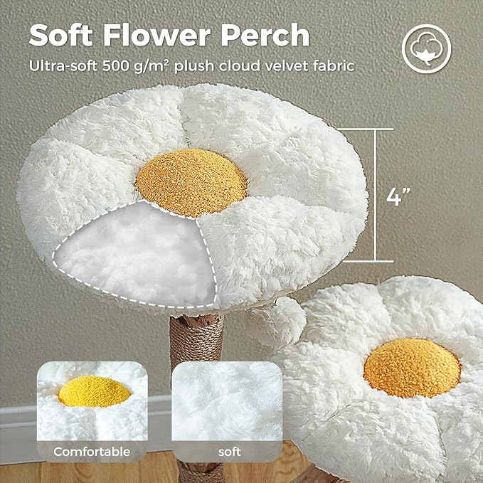 Wood Flower Cat Tree, Modern Cat Tower with Real Wood Branches, Luxury Boho Furniture with Scratching Post and 2 Perches, Cat Climbing Tower for Indoor Cats, Cloud White-Mewly Pet
