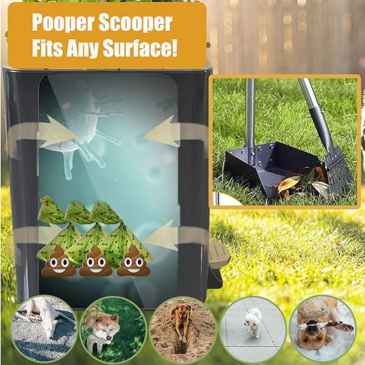 Dog Poop Trash Can Outside Stainless Steel - Metal Pooper Scooper Set - 12L Dog Waste Trash Can Outdoor with Pedal - Backyard, Yard - Removable Inner Bin, Long Handle Tray and Rake - Black and Gold-Mewly Pet