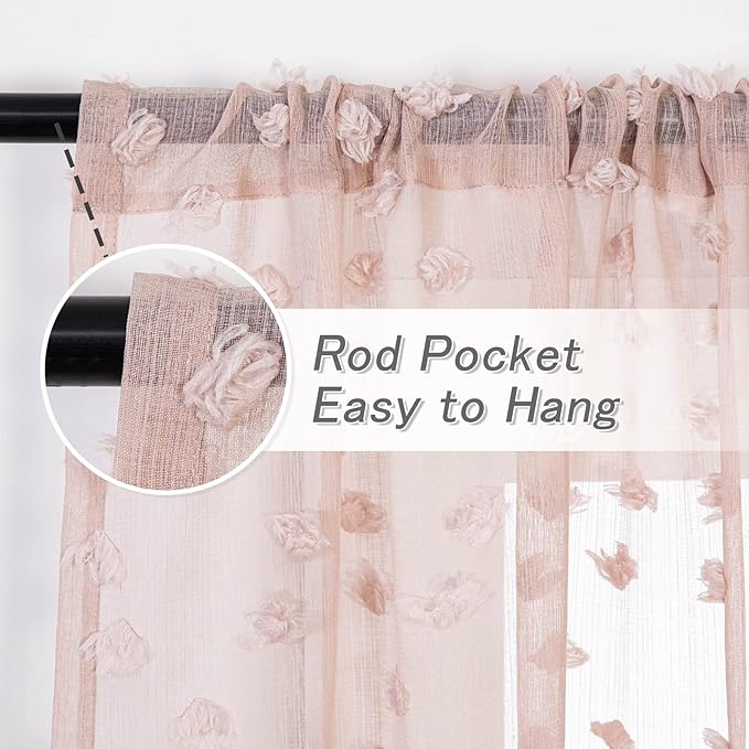 MYSKY HOME Pom Pom Pink Sheer Curtains for Bedroom Girls Room Dusty Rose Curtains for Nursery Kids Light Filtering Boho Window Drapes, Rod Pocket, 52 x 95 Inches, 2 Panels