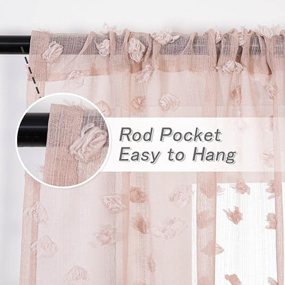 MYSKY HOME Pom Pom Pink Sheer Curtains for Bedroom Girls Room Dusty Rose Curtains 63 inch Length for Nursery Kids Light Filtering Boho Window Drapes, Rod Pocket, 52" Wide, 2 Panels