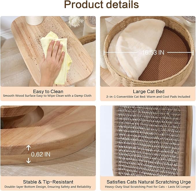 Wooden Cat Tree for Large Cat, 49.6-Inch Tall Cat Tower with Scratching Post for Indoor Cats, Multi-Level Cat Condo with Hand-Woven Cat Bed and Scratching Board Easy to Clean-Mewly Pet